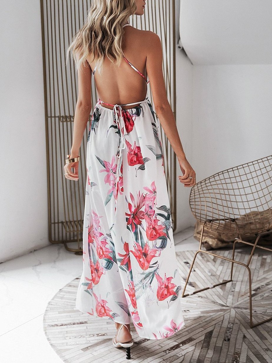 Floral Print Backless Wrap Split Slip Dress - LuckyFash™