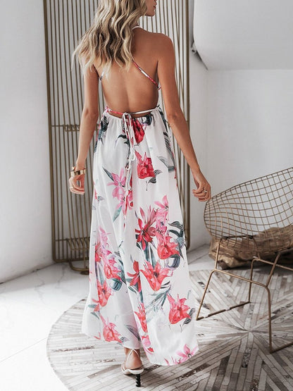 Floral Print Backless Wrap Split Slip Dress - LuckyFash™