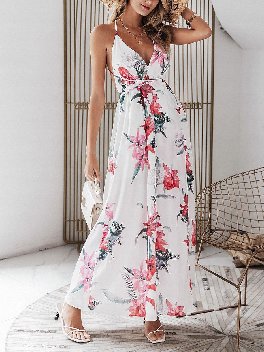 Floral Print Backless Wrap Split Slip Dress - LuckyFash™