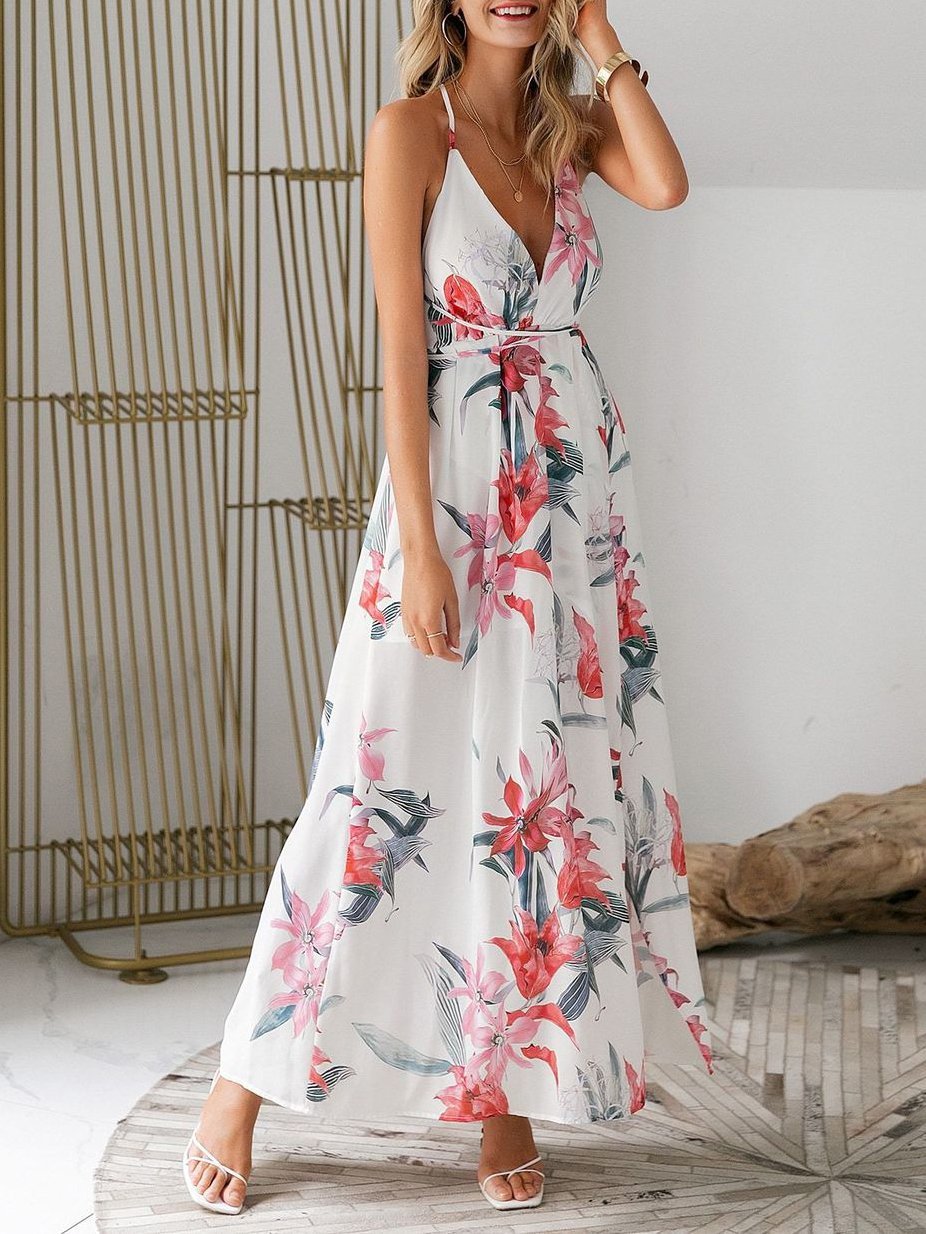 Floral Print Backless Wrap Split Slip Dress - LuckyFash™