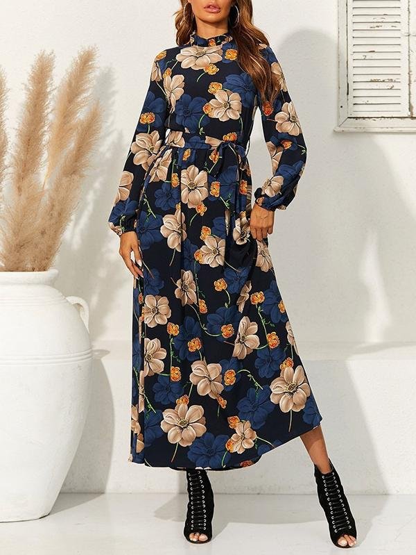 Floral Print Belted Maxi Dress - LuckyFash™