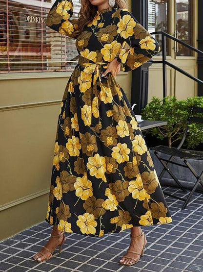 Floral Print Belted Maxi Dress - LuckyFash™