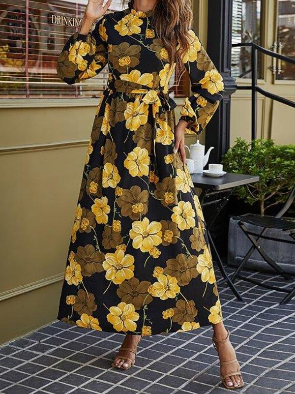 Floral Print Belted Maxi Dress - LuckyFash™