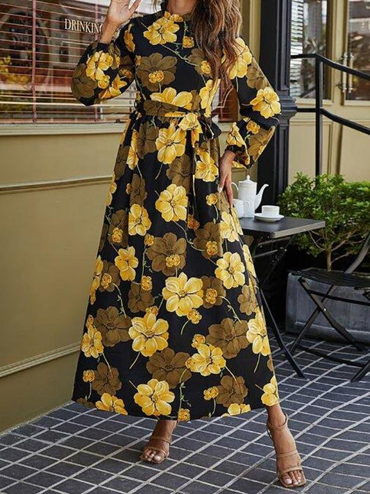 Floral Print Belted Maxi Dress - LuckyFash™