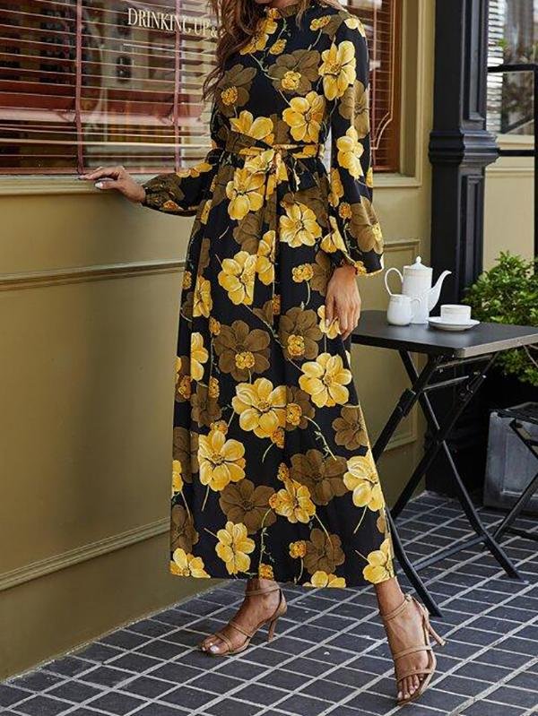 Floral Print Belted Maxi Dress - LuckyFash™