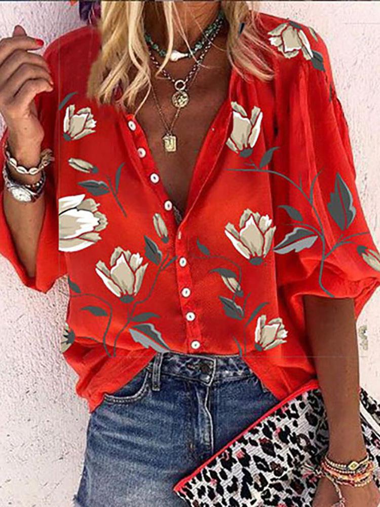 Floral Print Button Front Lantern Sleeve Shirt - LuckyFash™