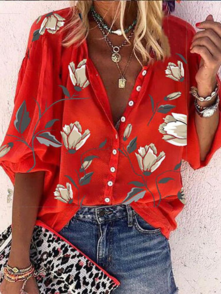 Floral Print Button Front Lantern Sleeve Shirt - LuckyFash™