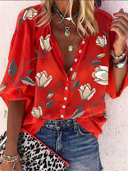 Floral Print Button Front Lantern Sleeve Shirt - LuckyFash™
