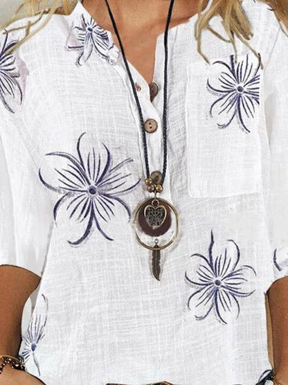 Floral Print Buttoned Mid-Sleeves Loose Blouses - LuckyFash™