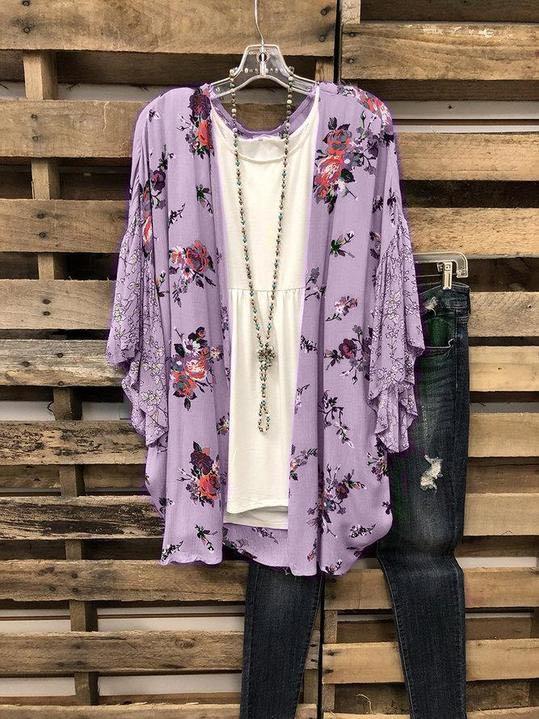 Floral Print Cardigan with Lotus Leaf Cuffs - LuckyFash™