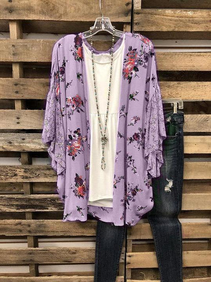 Floral Print Cardigan with Lotus Leaf Cuffs - LuckyFash™