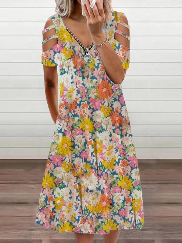 Floral Print Casual Short Sleeve Zipper V-neck Dress - LuckyFash™