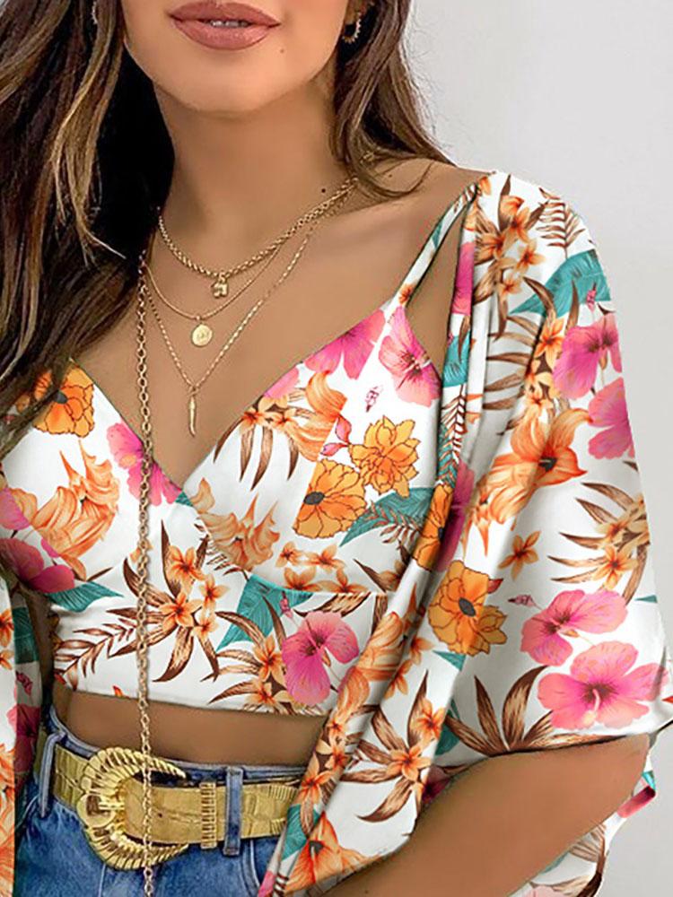 Floral Print Crop Top & Ruffles Cover Up Set - LuckyFash™