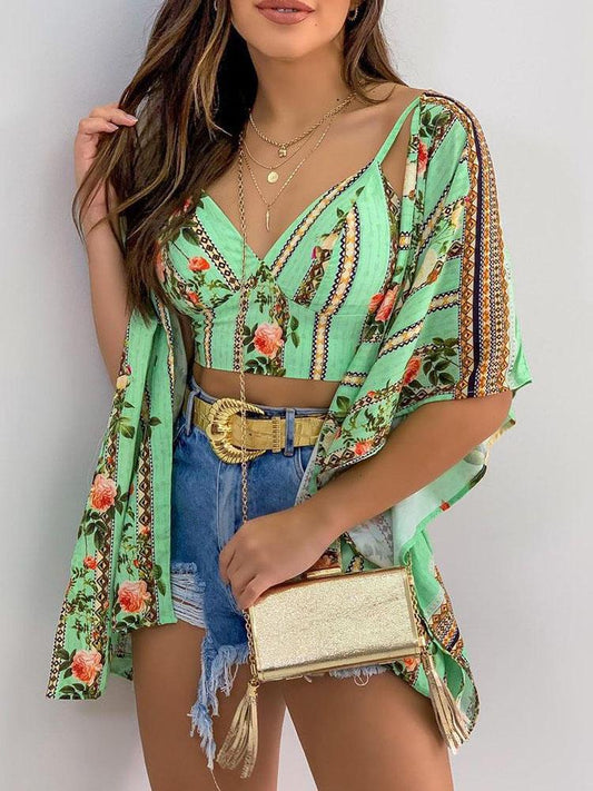 Floral Print Crop Top & Ruffles Cover Up Set - LuckyFash™