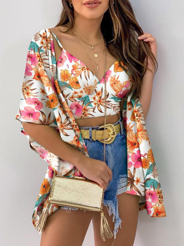 Floral Print Crop Top & Ruffles Cover Up Set - LuckyFash™