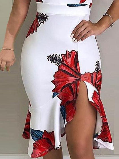 Floral Print Deep V-Neck Irregular Dress - LuckyFash™