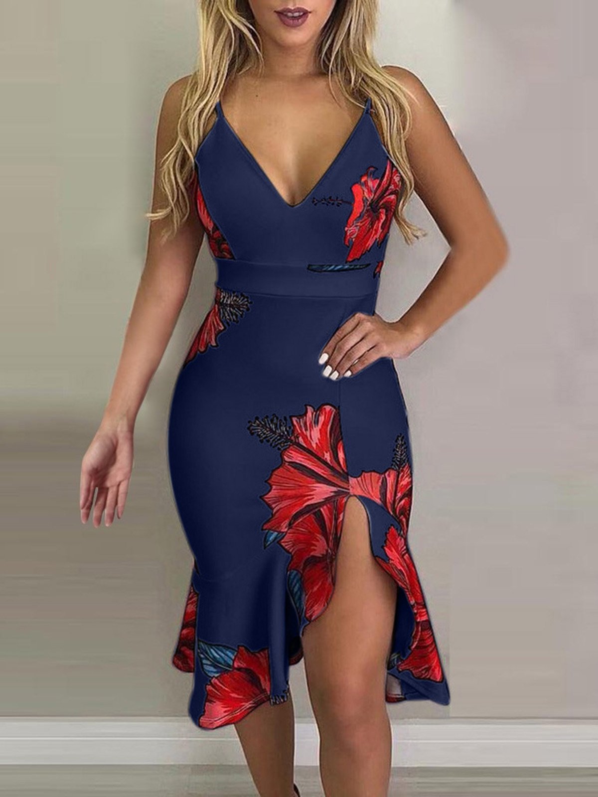 Floral Print Deep V-Neck Irregular Dress - LuckyFash™