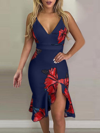 Floral Print Deep V-Neck Irregular Dress - LuckyFash™