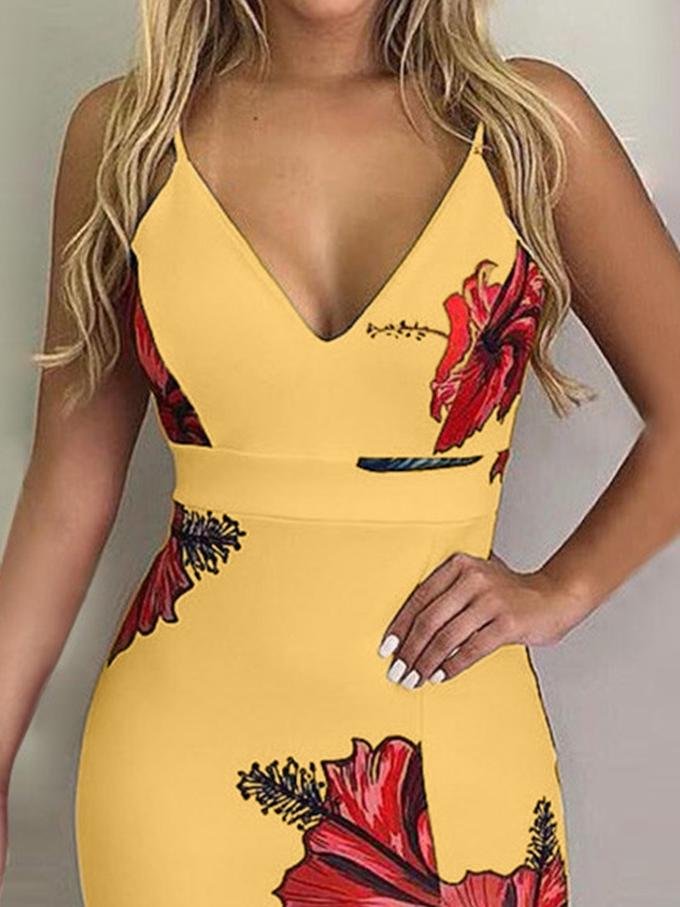 Floral Print Deep V-Neck Irregular Dress - LuckyFash™