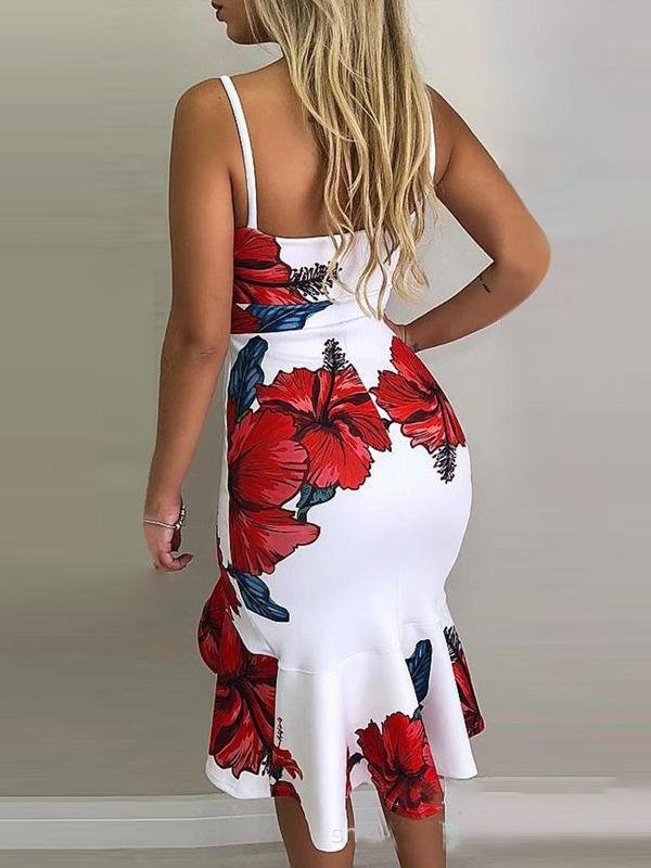 Floral Print Deep V-Neck Irregular Dress - LuckyFash™