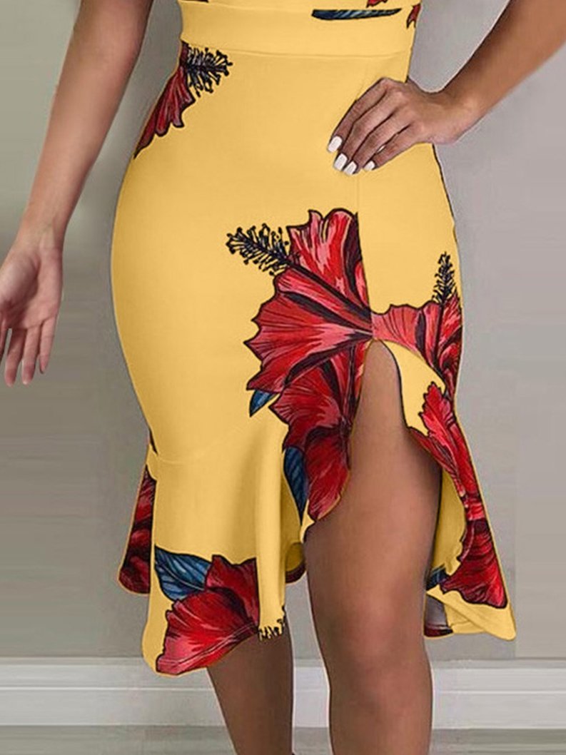 Floral Print Deep V-Neck Irregular Dress - LuckyFash™