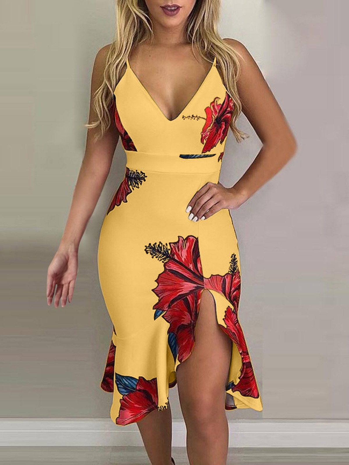 Floral Print Deep V-Neck Irregular Dress - LuckyFash™