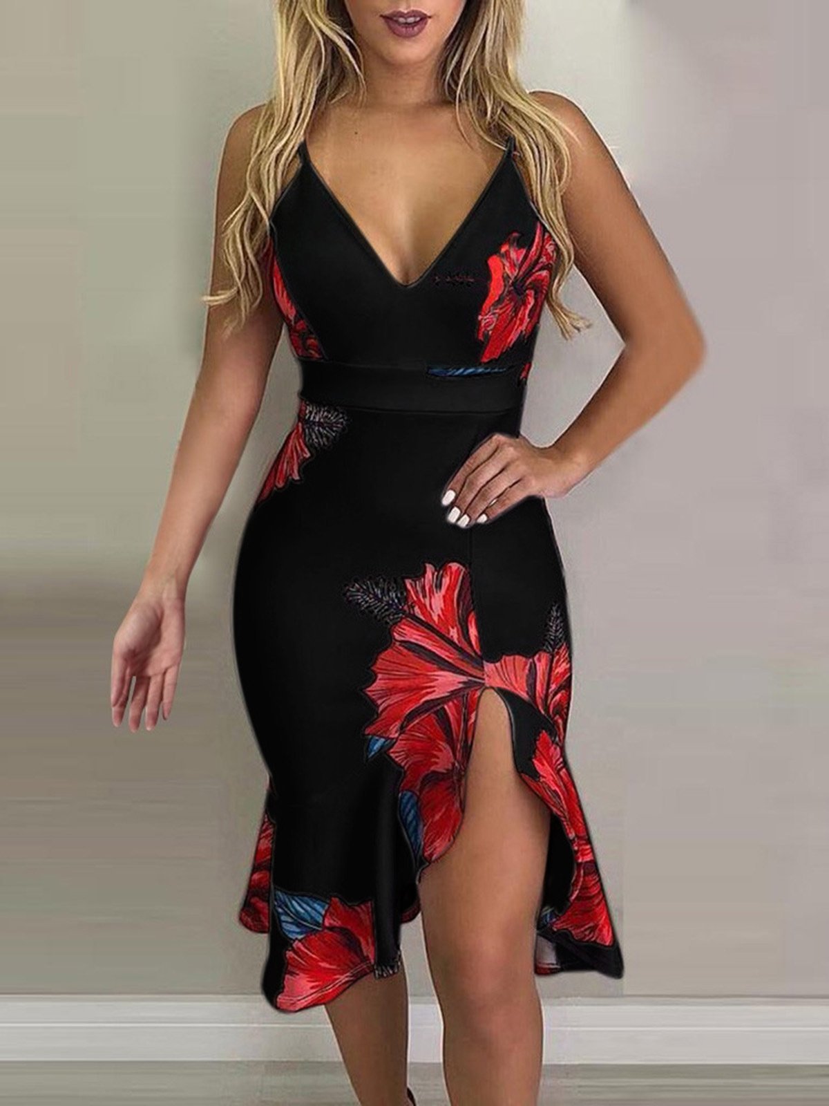 Floral Print Deep V-Neck Irregular Dress - LuckyFash™