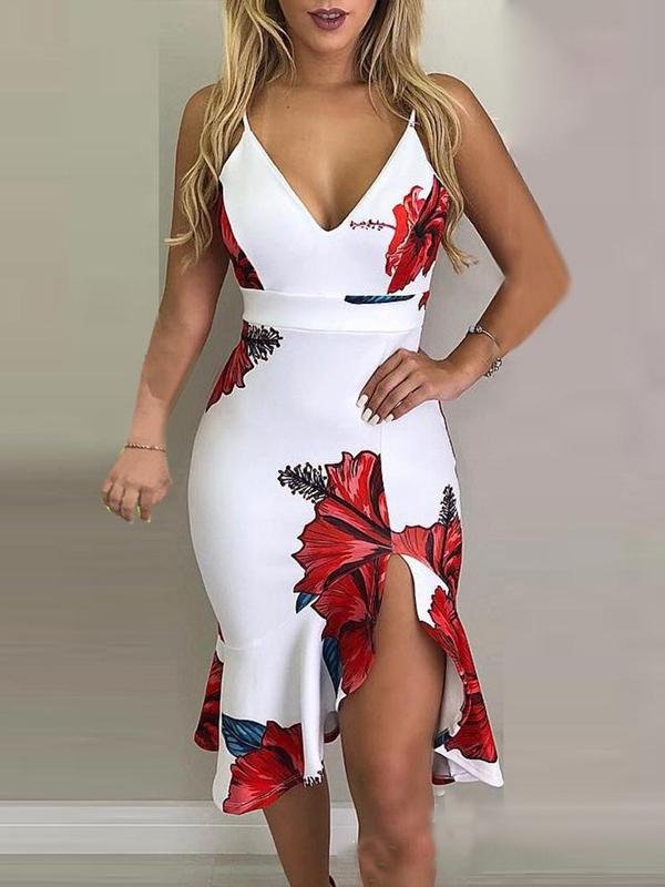 Floral Print Deep V-Neck Irregular Dress - LuckyFash™