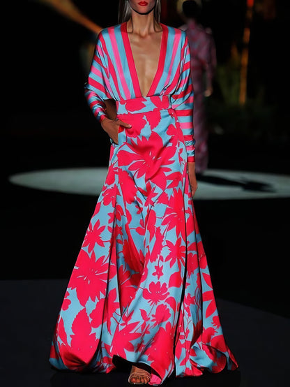 Floral Print Deep V-neck Long Sleeve Mopping Dress - LuckyFash™