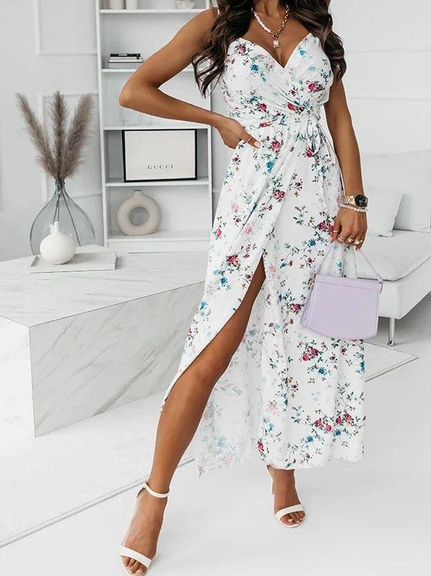 Floral Print Deep V-neck Sleeveless Belt Slit Dress - LuckyFash™