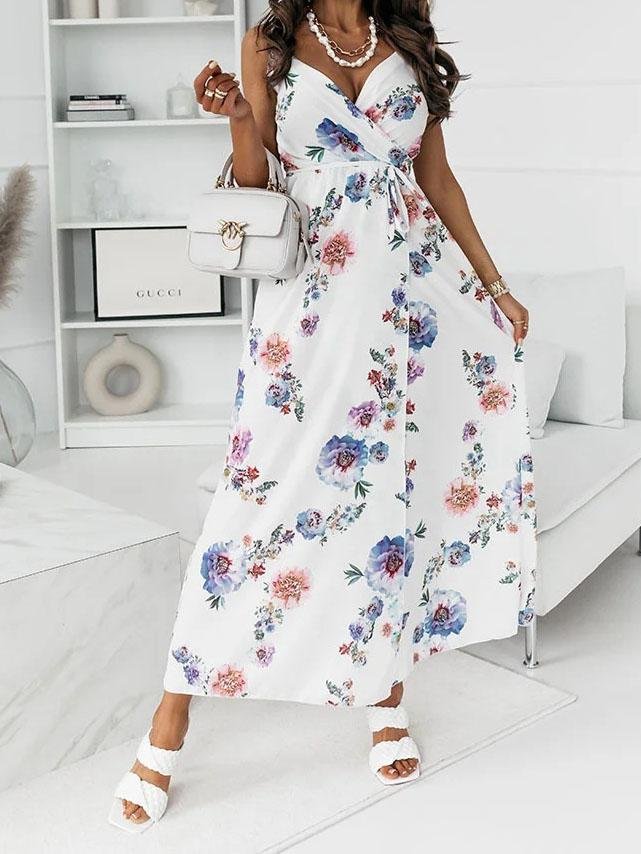Floral Print Deep V-neck Sleeveless Belt Slit Dress - LuckyFash™