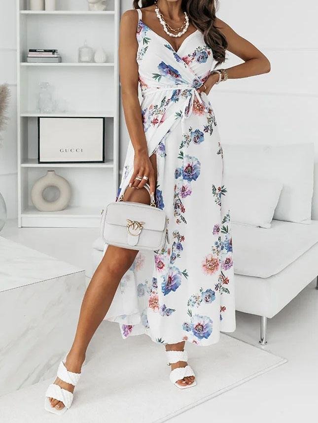 Floral Print Deep V-neck Sleeveless Belt Slit Dress - LuckyFash™