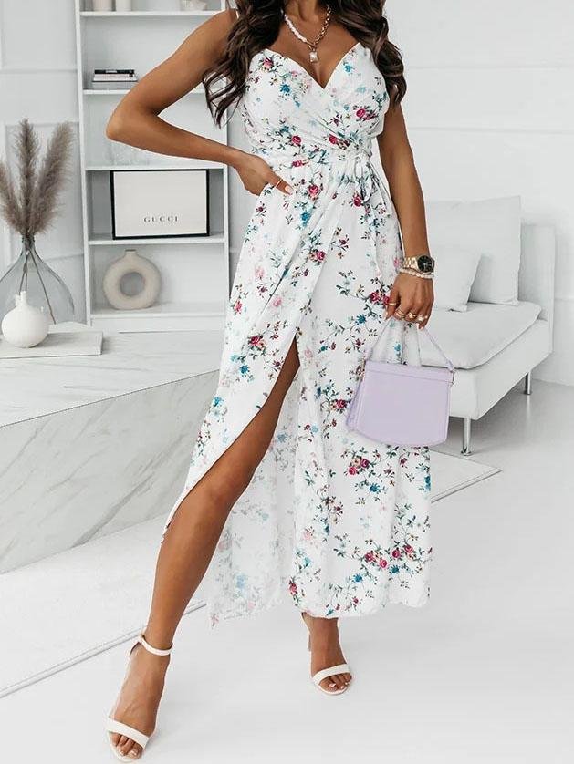 Floral Print Deep V-neck Sleeveless Belt Slit Dress - LuckyFash™