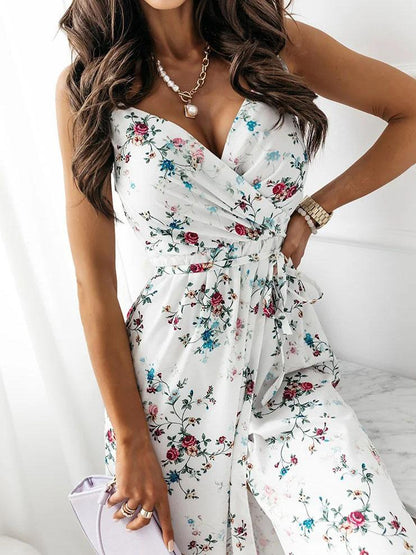 Floral Print Deep V-neck Sleeveless Belt Slit Dress - LuckyFash™