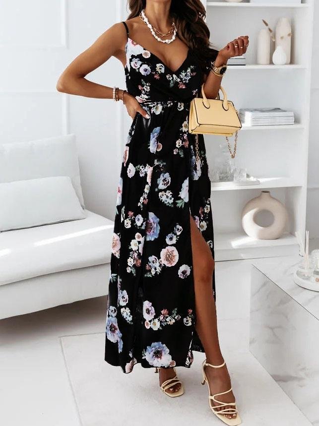 Floral Print Deep V-neck Sleeveless Belt Slit Dress - LuckyFash™