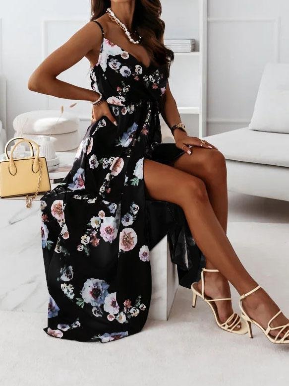 Floral Print Deep V-neck Sleeveless Belt Slit Dress - LuckyFash™