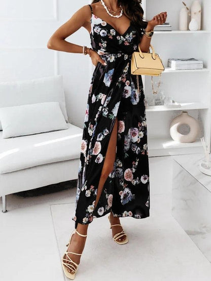 Floral Print Deep V-neck Sleeveless Belt Slit Dress - LuckyFash™