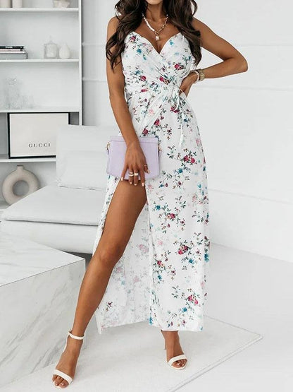 Floral Print Deep V-neck Sleeveless Belt Slit Dress - LuckyFash™