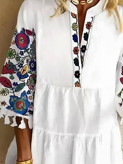 Floral Print Fringed V-neck Mini Dress - LuckyFash™