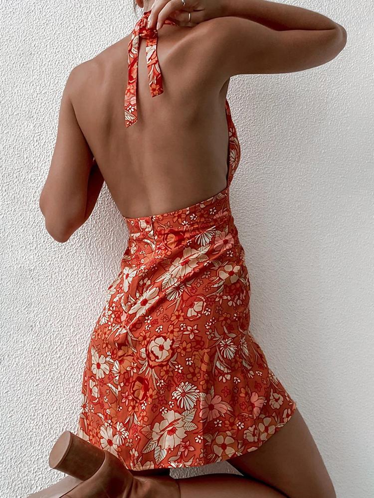 Floral Print Halter Backless Mini Dress - LuckyFash™
