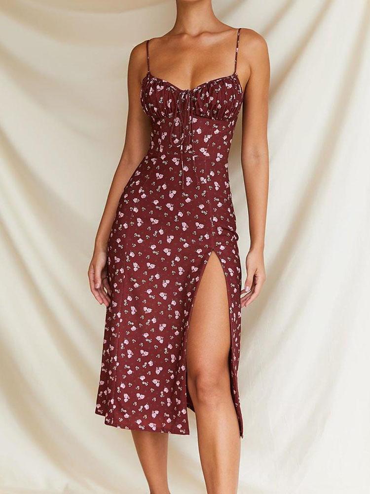 Floral Print High Slit Tie Detail Dress - LuckyFash™