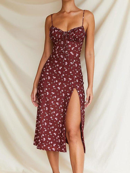 Floral Print High Slit Tie Detail Dress - LuckyFash™