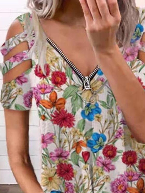 Floral Print Hollow V-neck Zipper T-shirts - LuckyFash™