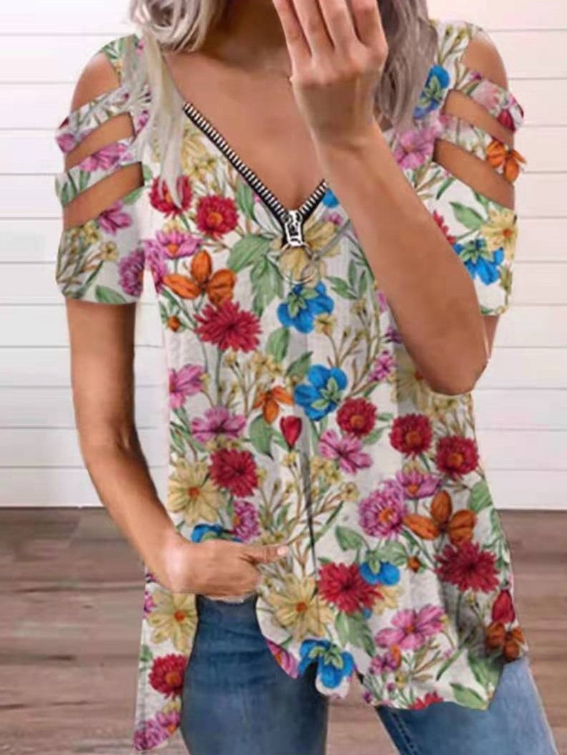Floral Print Hollow V-neck Zipper T-shirts - LuckyFash™
