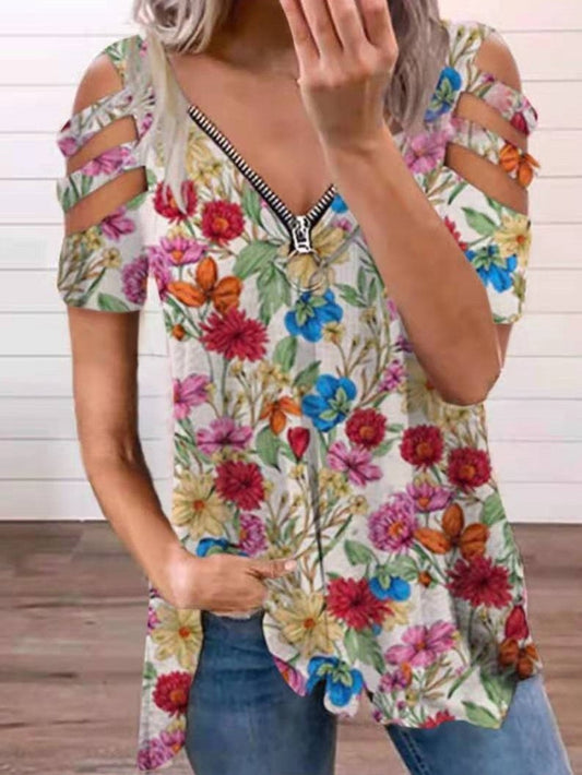 Floral Print Hollow V-neck Zipper T-shirts - LuckyFash™