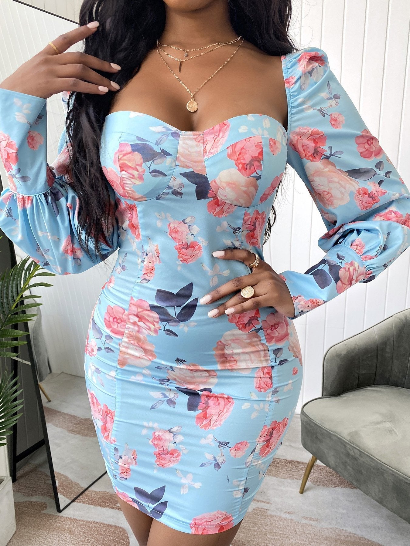 Floral Print Lantern Sleeve Bodycon Dress - LuckyFash™