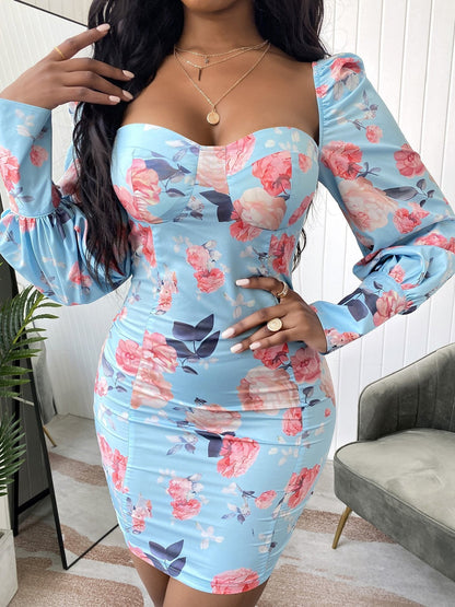 Floral Print Lantern Sleeve Bodycon Dress - LuckyFash™