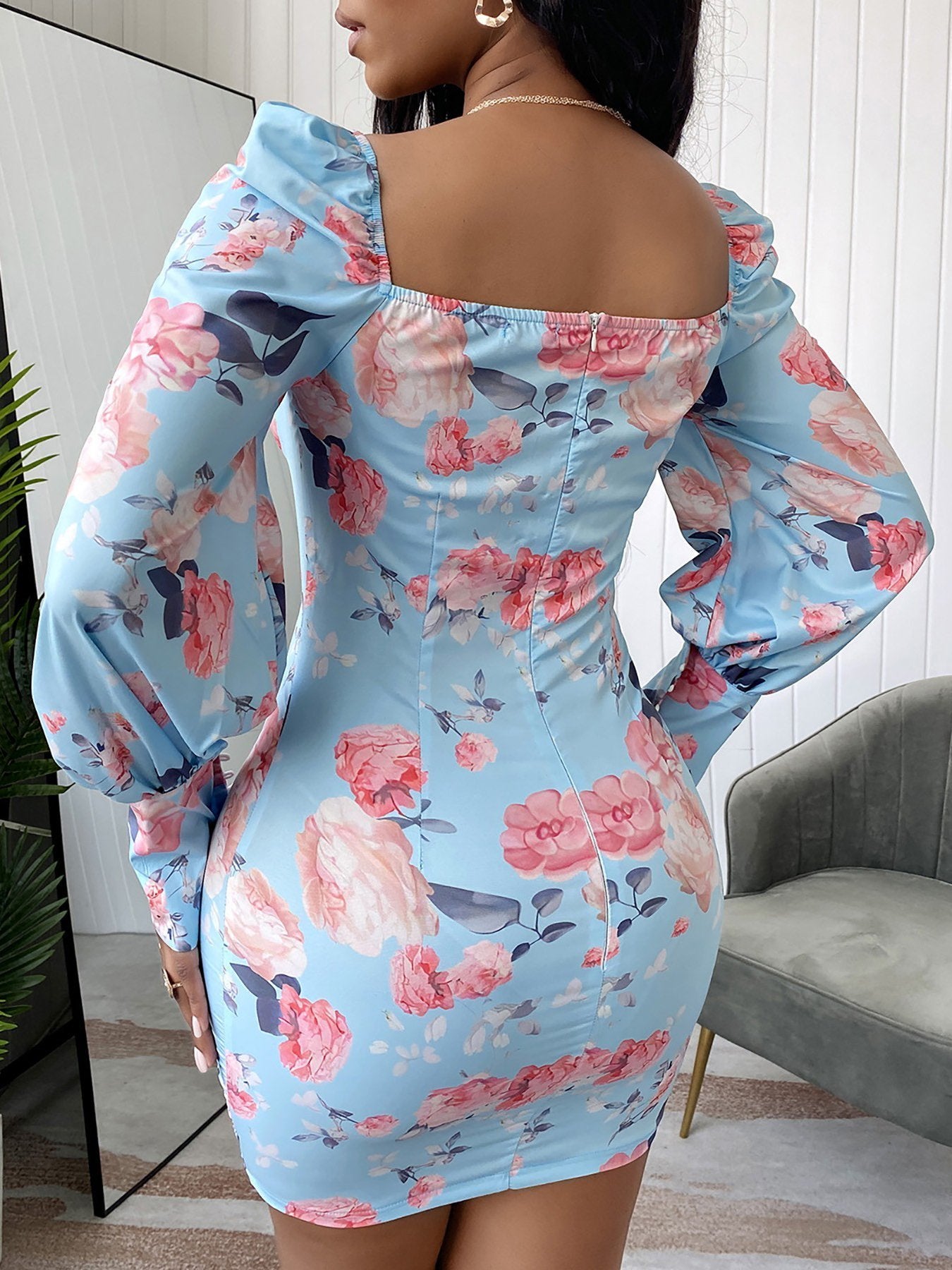Floral Print Lantern Sleeve Bodycon Dress - LuckyFash™