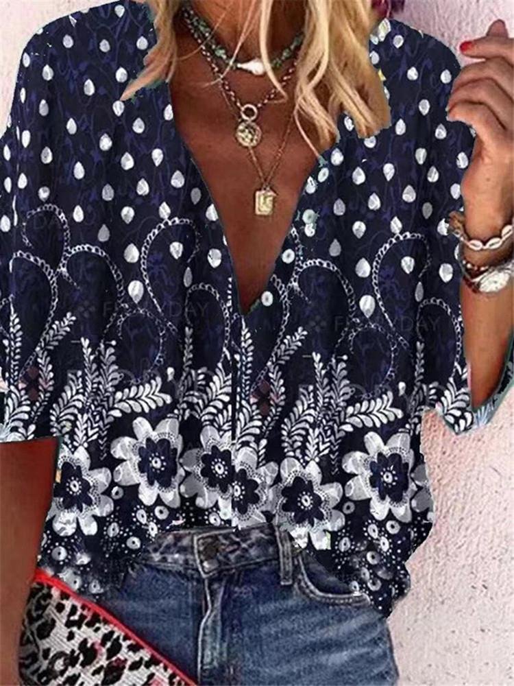 Floral Print Lapel Long Sleeve Casual Blouses - LuckyFash™