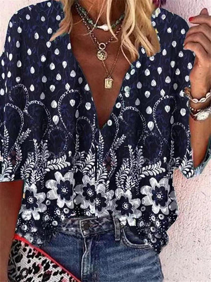Floral Print Lapel Long Sleeve Casual Blouses - LuckyFash™